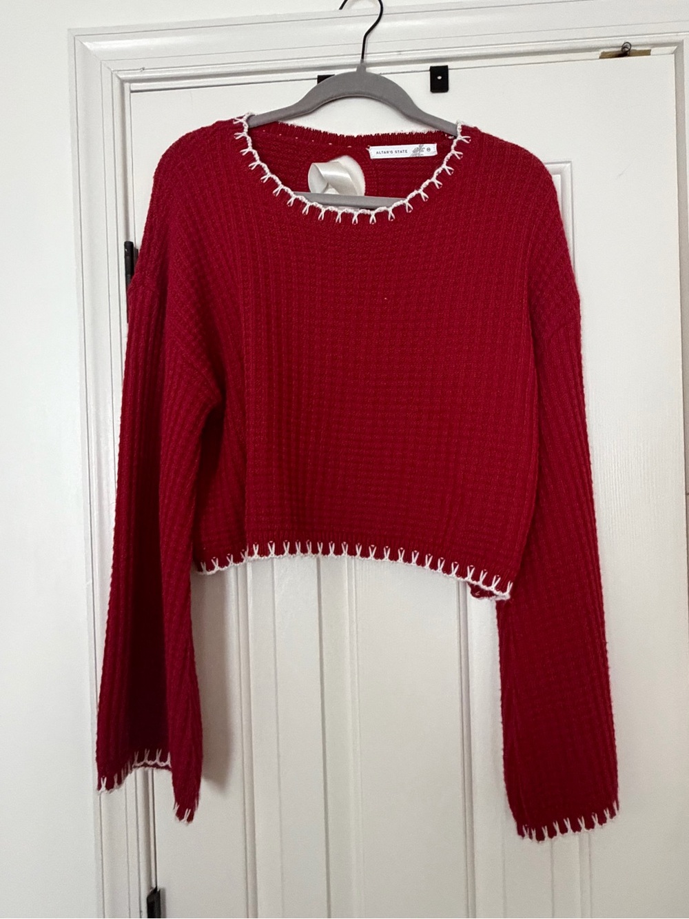 Altar'd State Red Cropped Waffle Knit Sweater with White Trim